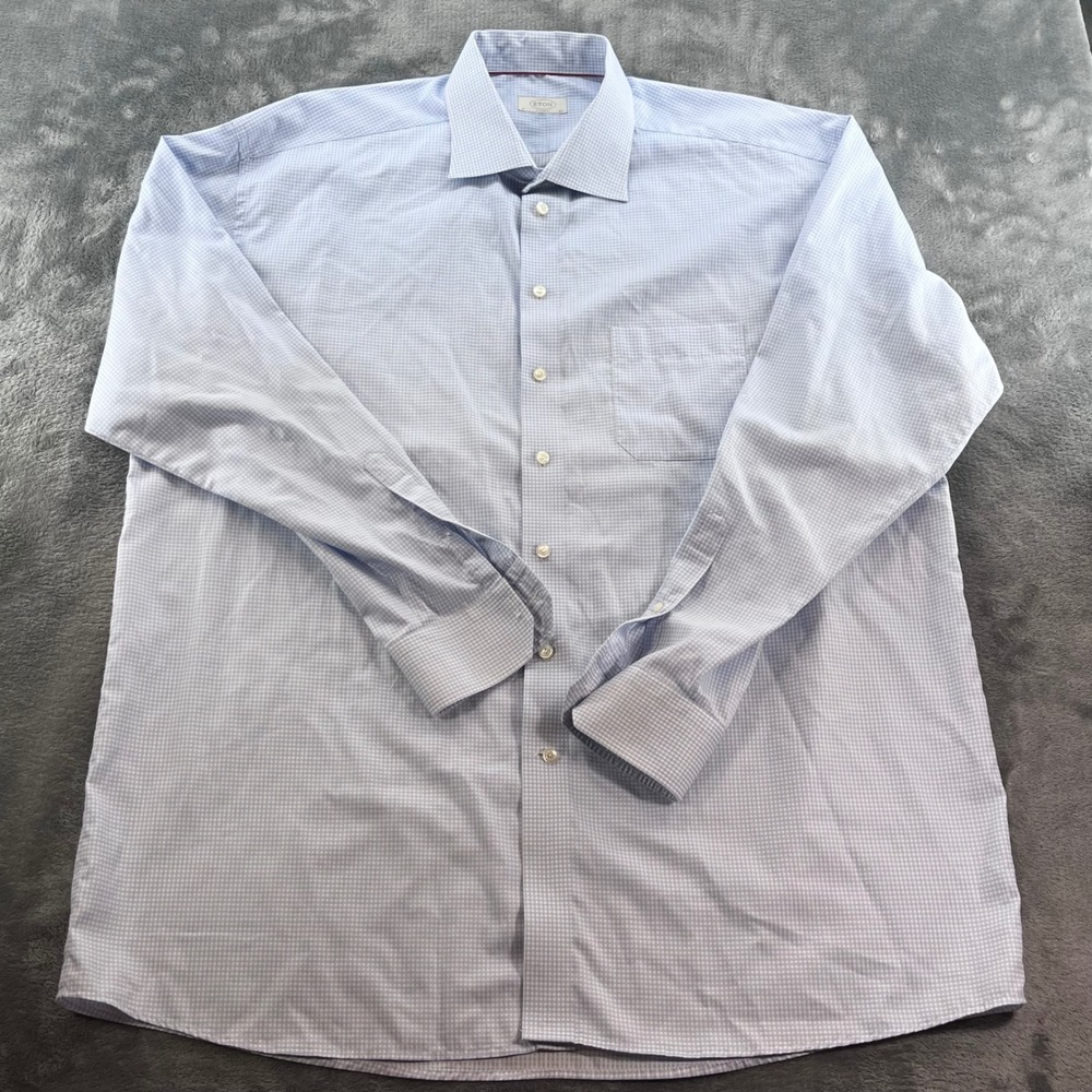 Eton of Sweden Classic Fit Blue Gingham Cotton Dress Shirt 18.5 XL 47 7670-79202